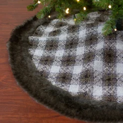 48" Brown And White Plaid Christmas Tree Skirt With Faux Fur