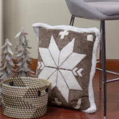 20" Brown And White Plush High Pile Fleece Throw Pillow With Snowflake