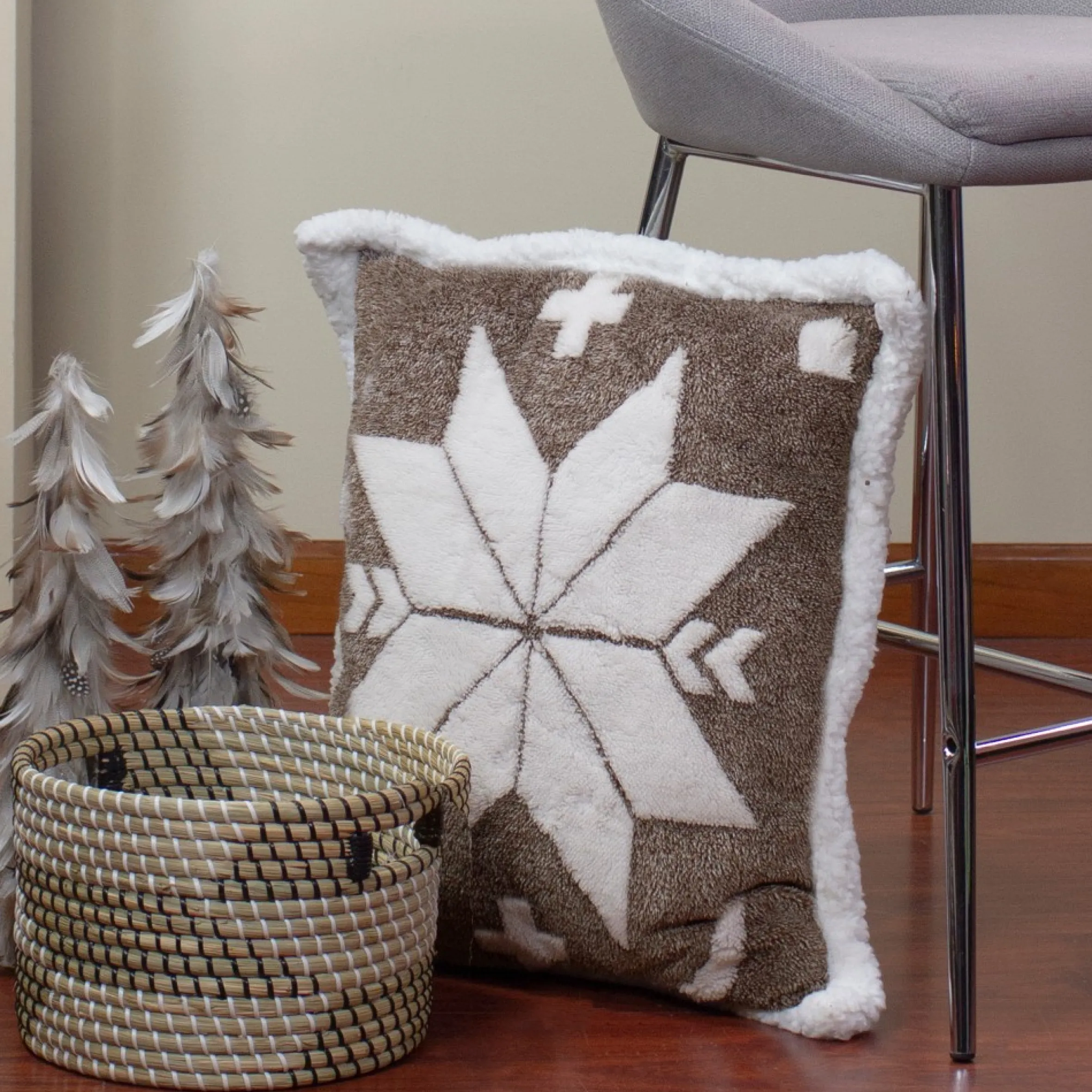 20" Brown And White Plush High Pile Fleece Throw Pillow With Snowflake