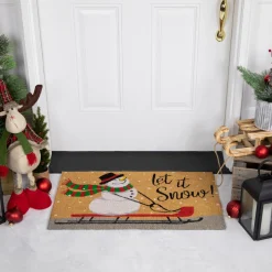 Brown And White Snowman Let It Snow Rectangular Coir Christmas Doormat 18" X 30"