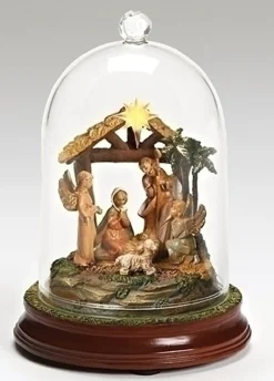 7.25" Brown And Yellow Led Lighted Musical Cloche Dome Nativity Scene Christmas Decor