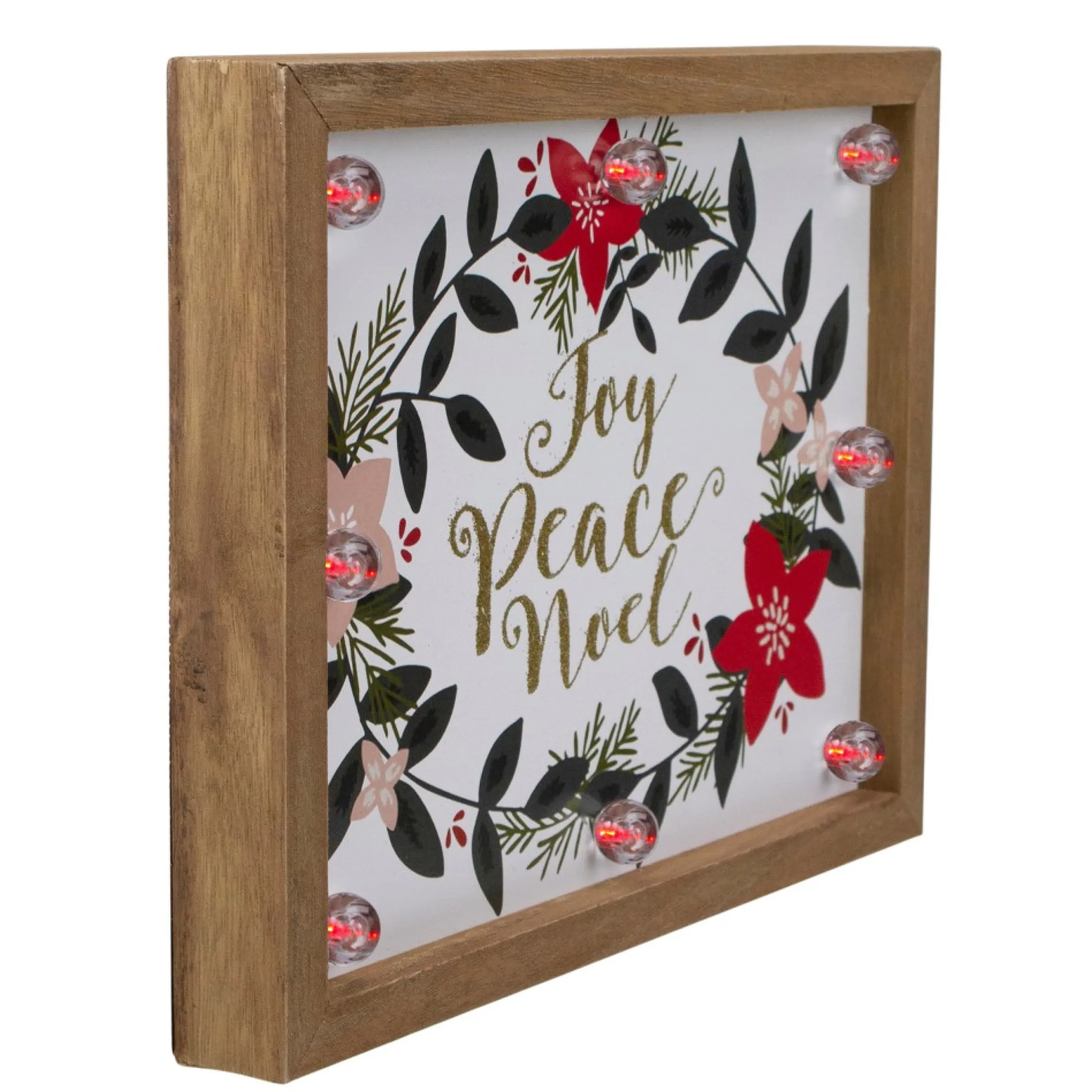 11.8" Brown Framed Floral "Joy, Peace, Noel" Wooden Christmas Wall Plaque