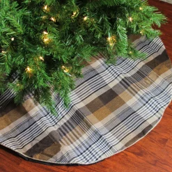 48" Brown Plaid Rustic Woodland Christmas Tree Skirt With Gold Trim