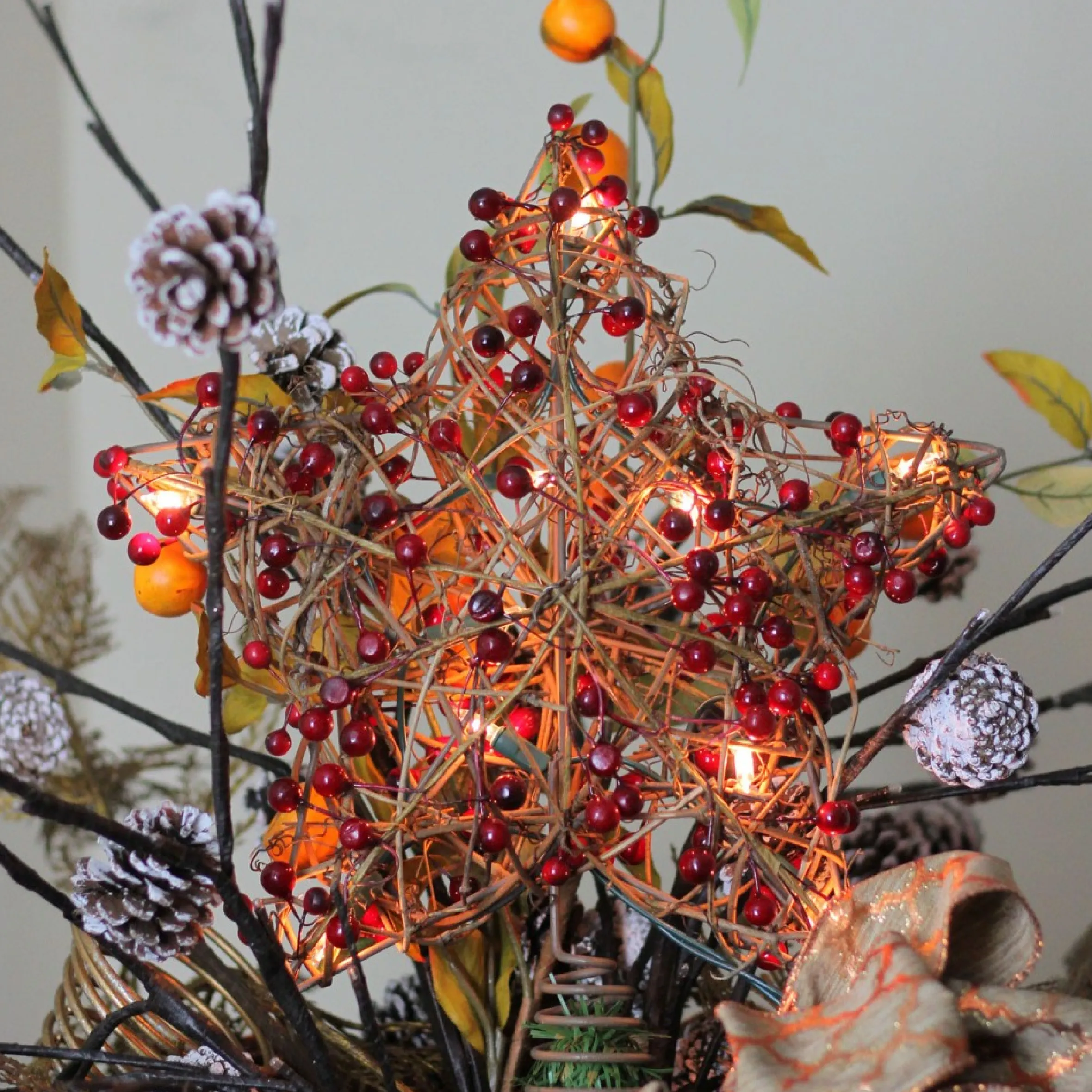 13.5" Brown Rattan With Red Berries Star Christmas Tree Topper - Clear Lights