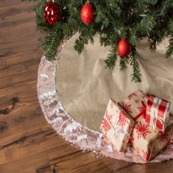 48" Brown Round Christmas Tree Skirt With Champagne Sequin Border