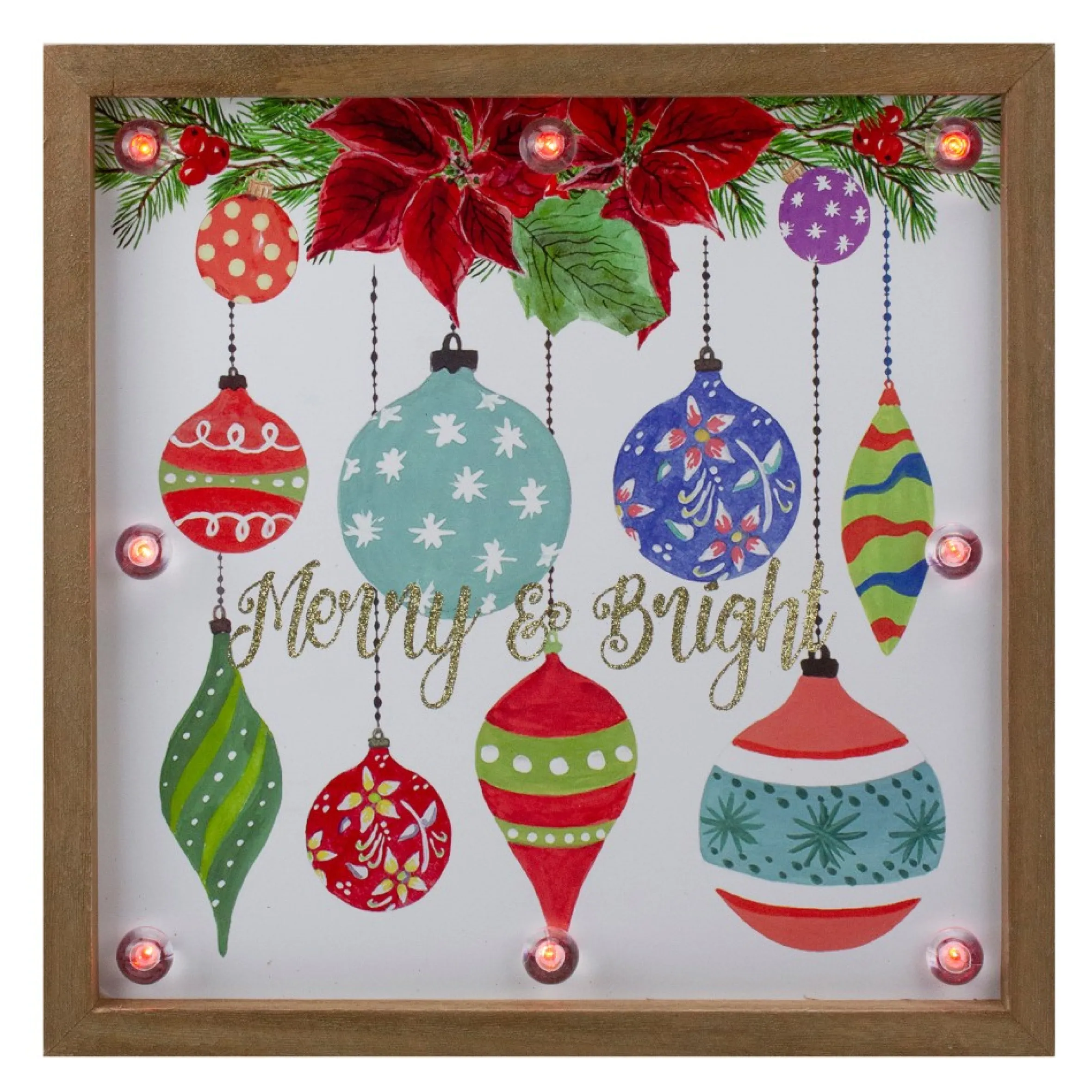 11.8" Brown Wooden Frame "Merry & Bright" With Hanging Ornaments And Glitter Christmas Plaque