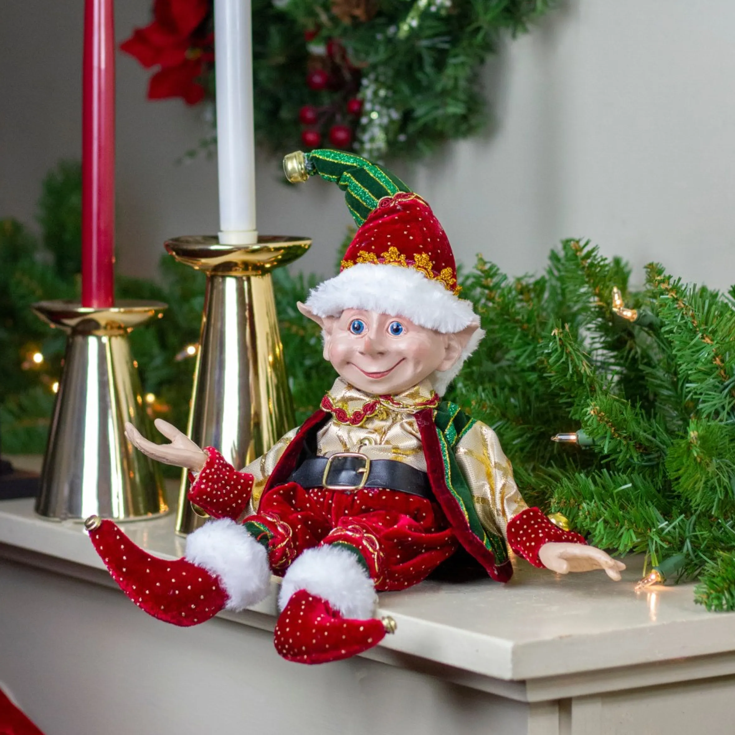 13" Burgundy And Gold Festive Chubby Christmas Elf With Bells