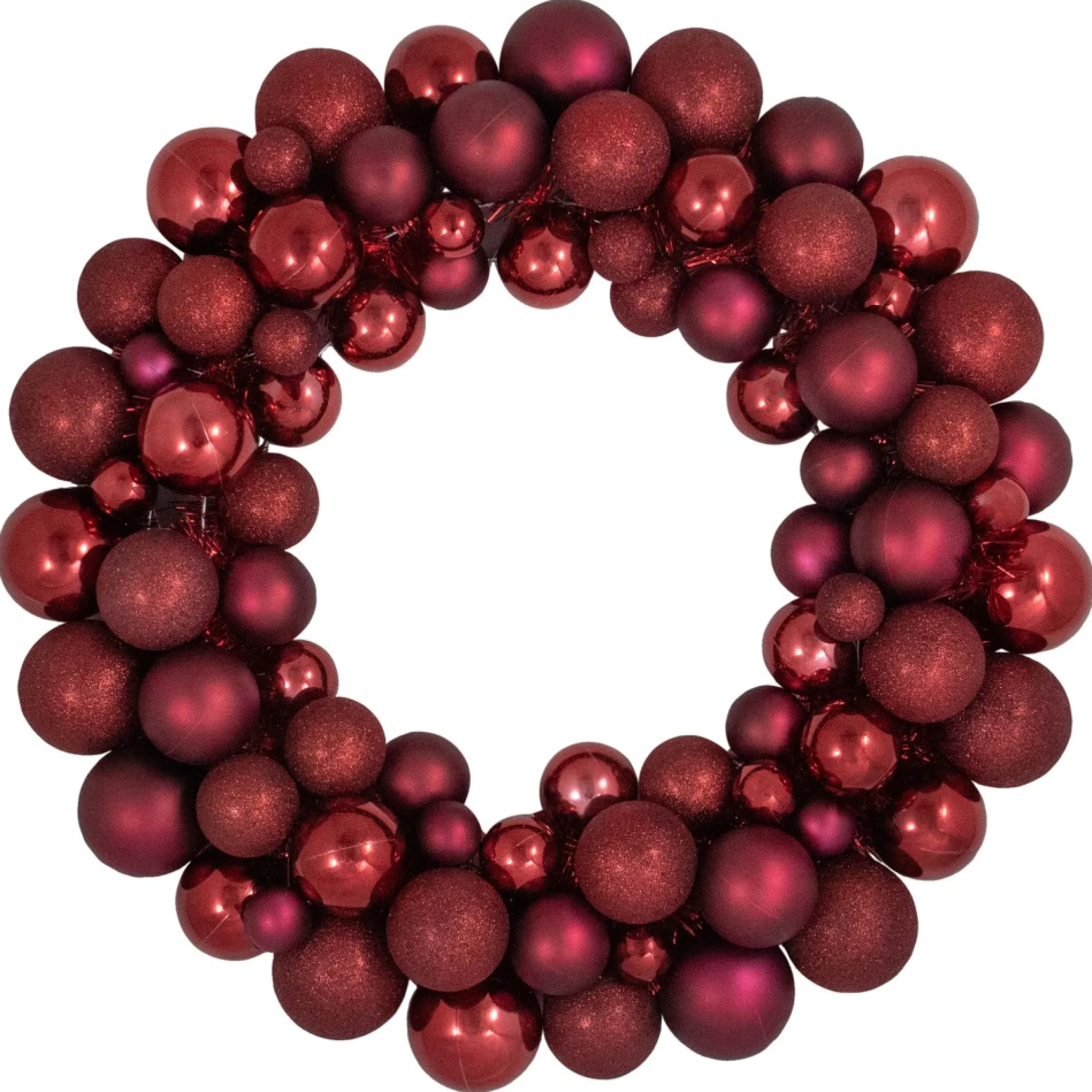 Burgundy 3-Finish Shatterproof Ball Christmas Wreath - 24", Unlit