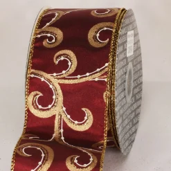 Burgundy Red And Gold Swirly Whirl Wired Craft Ribbon 2.5" X 40 Yards