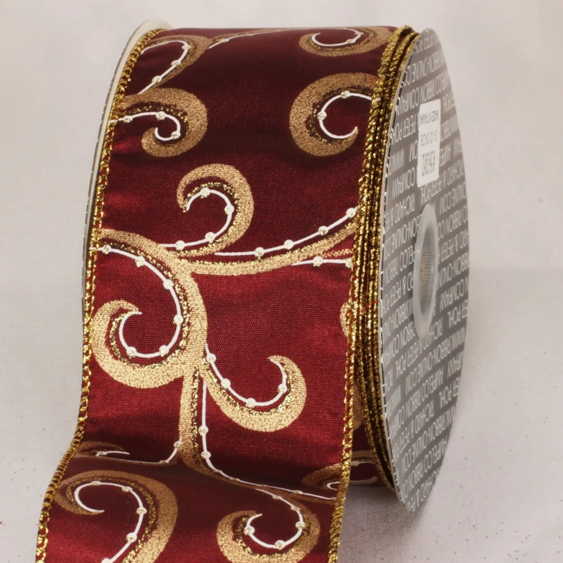 Burgundy Red And Gold Swirly Whirl Wired Craft Ribbon 2.5" X 40 Yards
