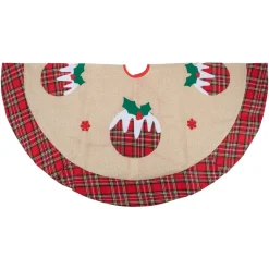 36" Burlap Plaid Tree Skirt With Christmas Puddings