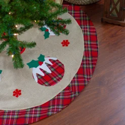 36" Burlap Plaid Tree Skirt With Christmas Puddings