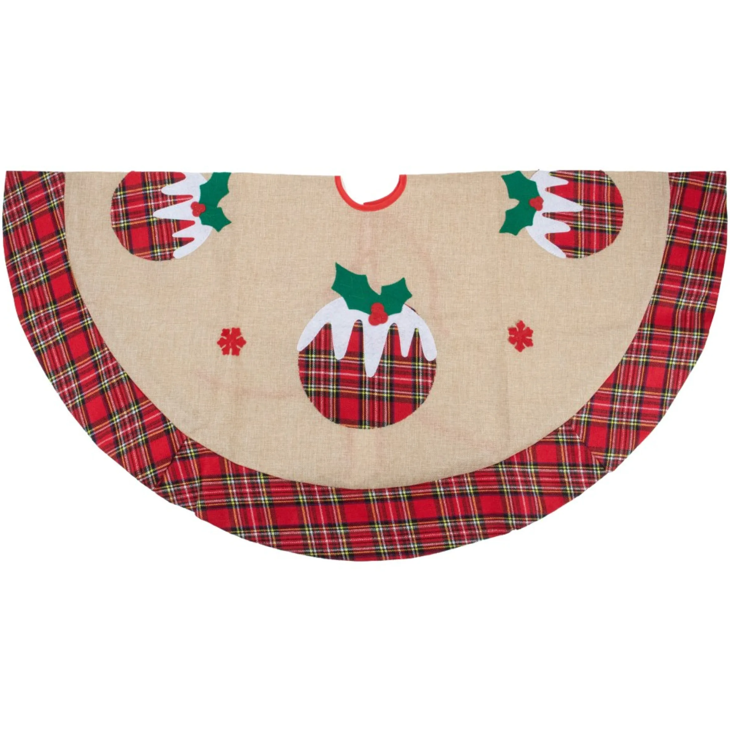 48" Burlap Plaid Tree Skirt With Christmas Puddings