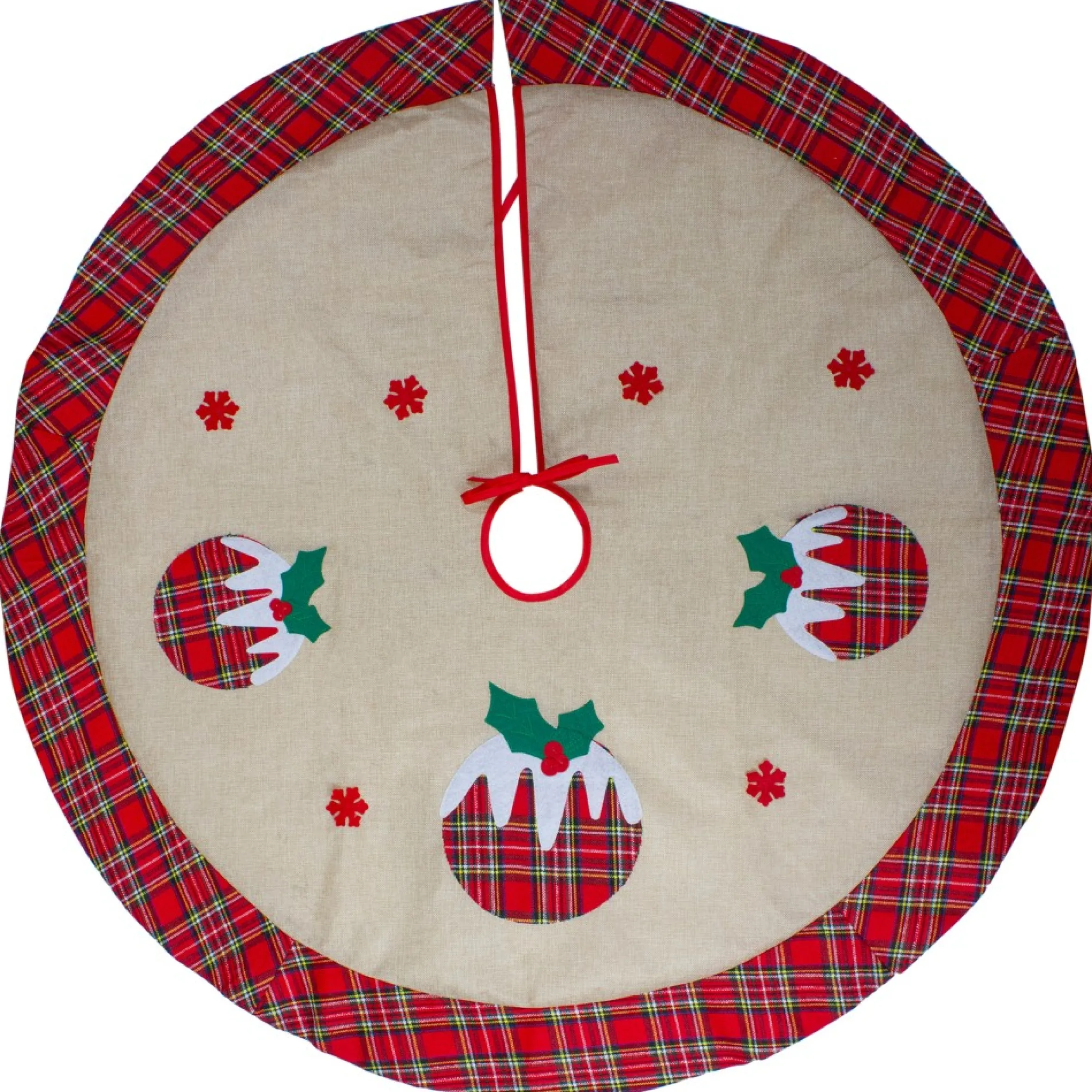 48" Burlap Plaid Tree Skirt With Christmas Puddings