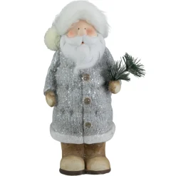 18" Ceramic Santa In Gray Coat Holding Pine Sprig Christmas Figure