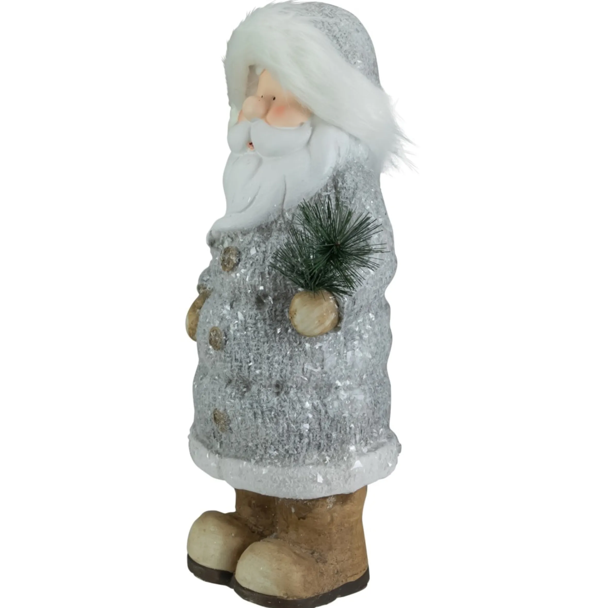 18" Ceramic Santa In Gray Coat Holding Pine Sprig Christmas Figure