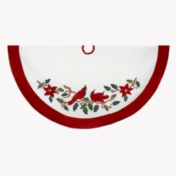 48" Christmas Traditions White Velevet And Cardinal Patternedtree Skirt