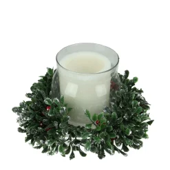 6" Clear And Green Boxwood With Berry Tipped Christmas Hurricane Pillar Candle Holder