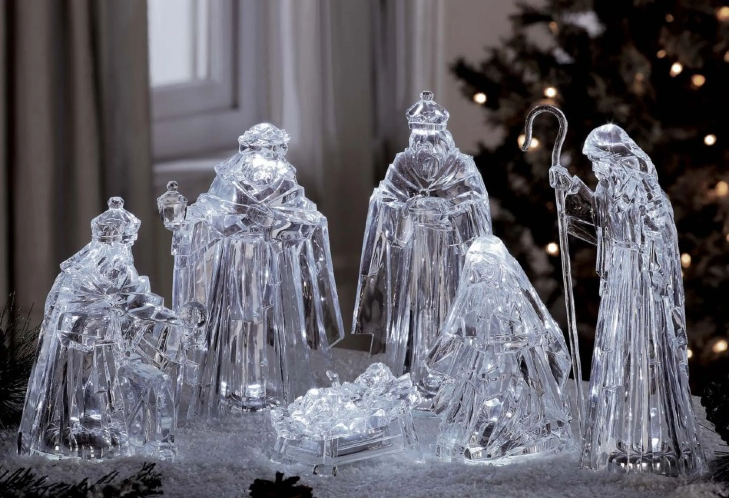 10.75" Clear Led Lighted Large Six-Piece Nativity Set Decor