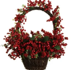 22" Country Rustic Red Rosehip Berries And Vines Decorative Christmas Wall Basket