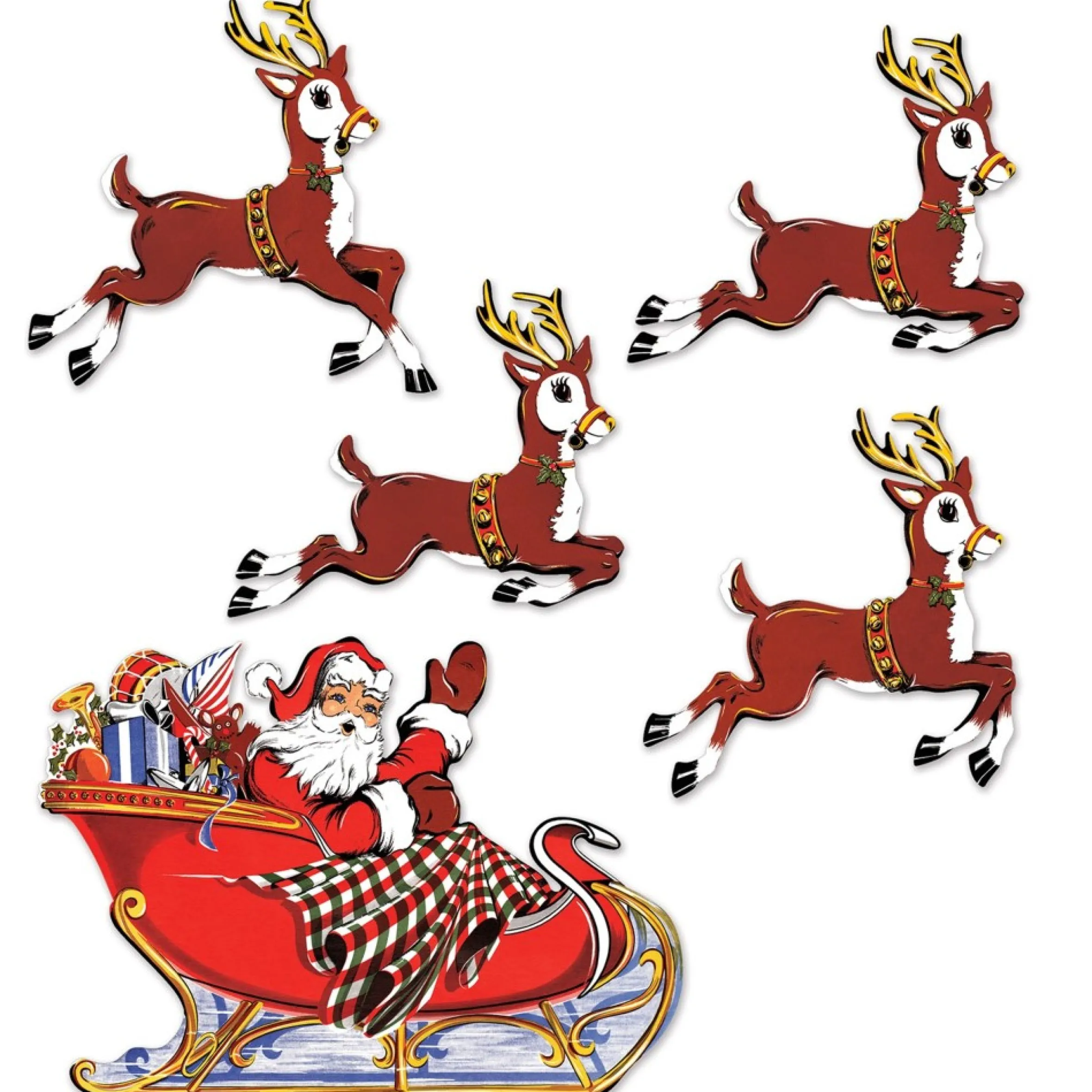 60 Counts Red And White Vintage Christmas Santa And Sleigh Cutouts 17.75"