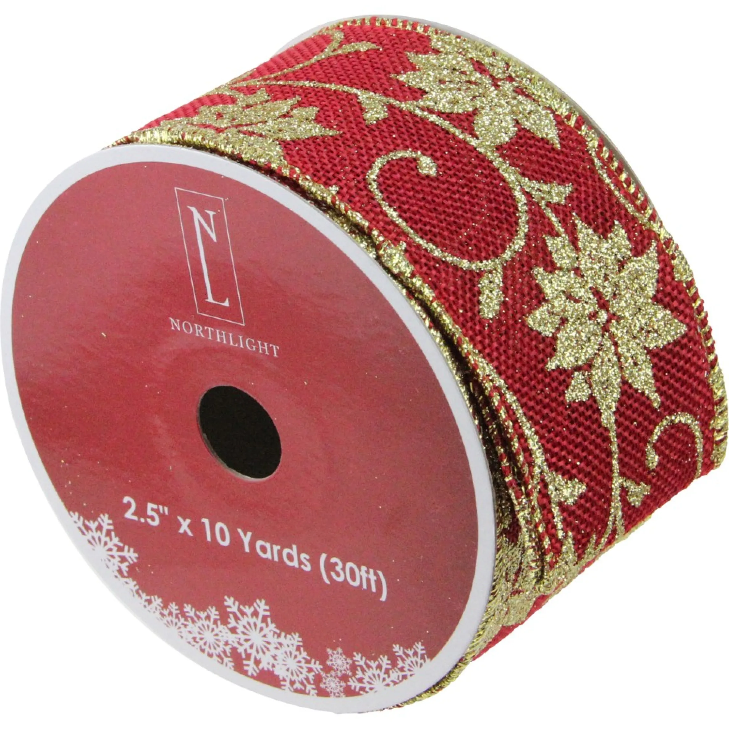 Cranberry Red And Gold Poinsettia Christmas Wired Craft Ribbon 2.5" X 10 Yards