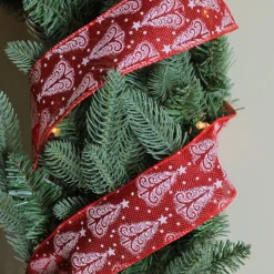 Cranberry Red And White Trees Burlap Wired Christmas Craft Ribbon 2.5