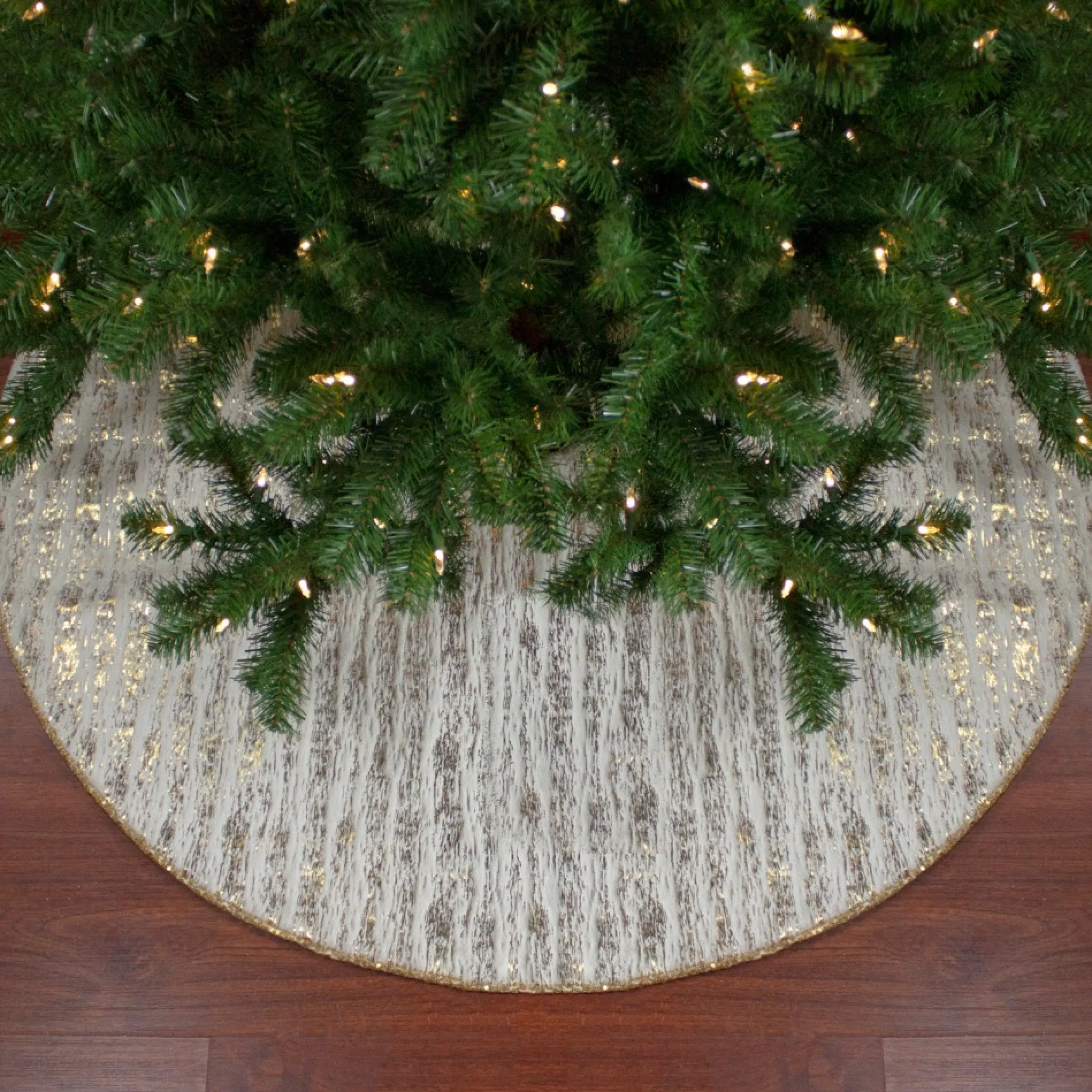 48" Cream And Gold Wood Grain Pattern And Faux Fur Christmas Tree Skirt