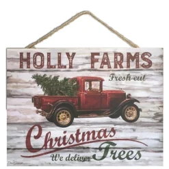 Cream White And Red Holly Farms Rectangular Sign With Rope Hanger 7" X 10"