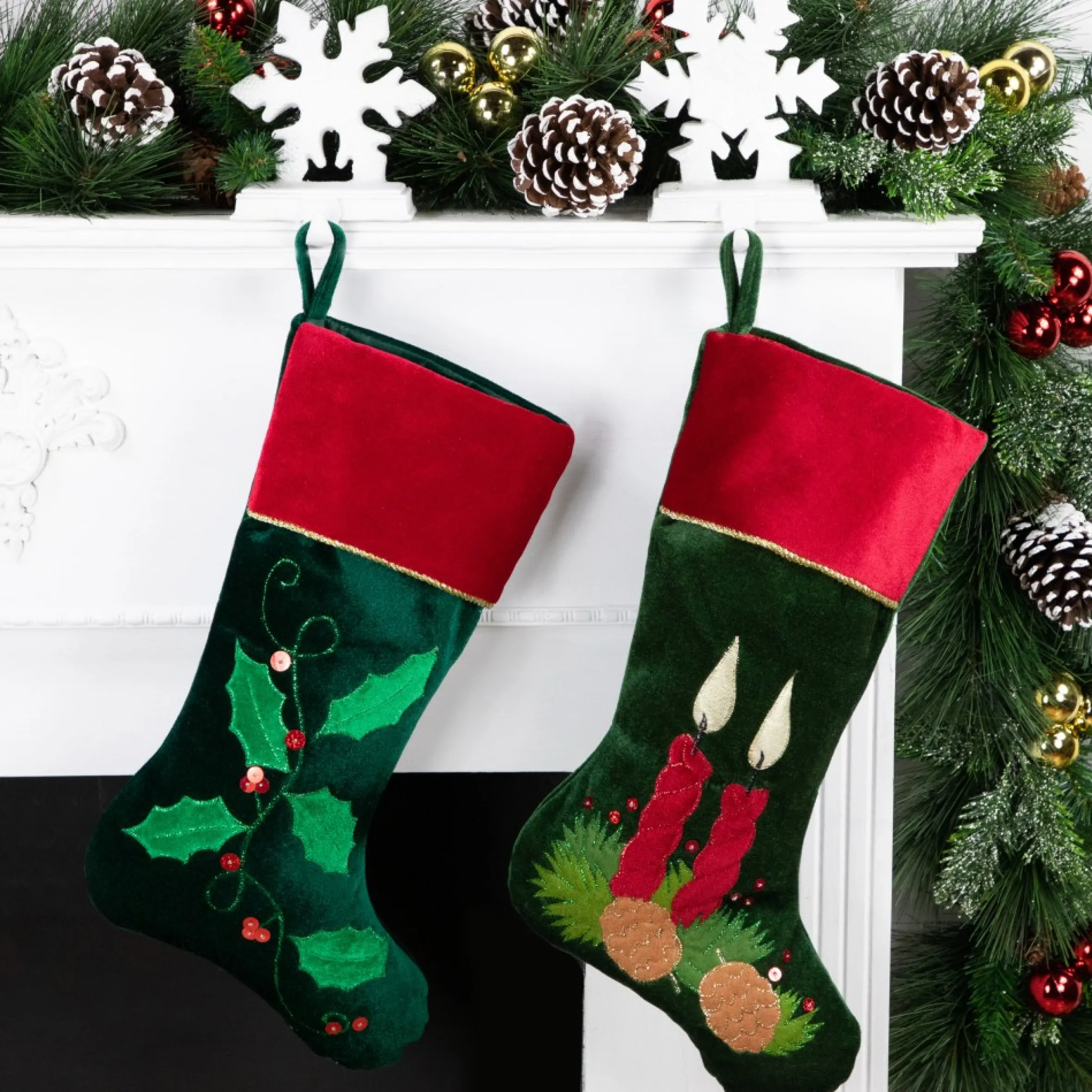 20" Dark Green And Red Holly Berry Christmas Stocking