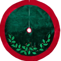 48" Dark Green Holly And Berry Velveteen Christmas Tree Skirt