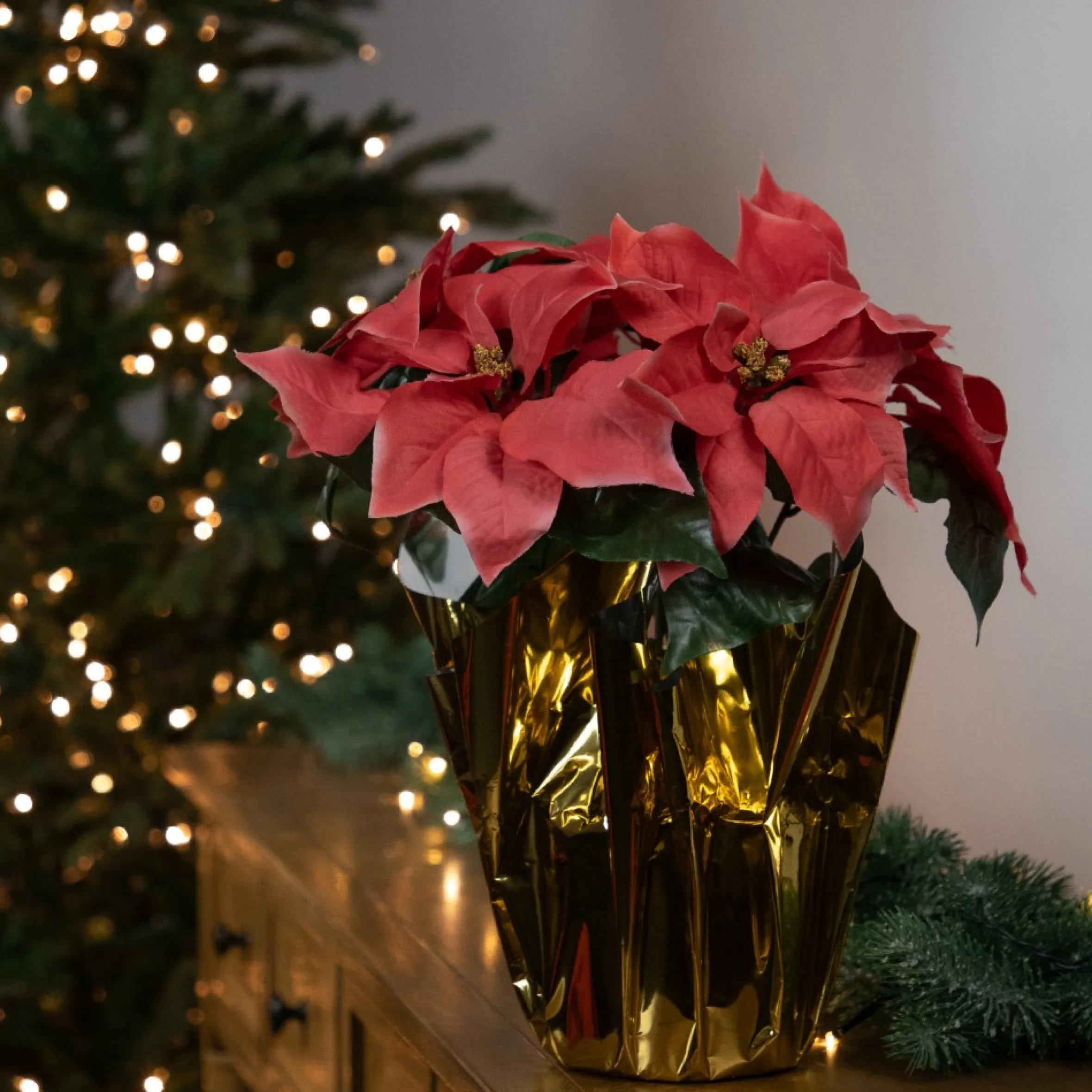 14.5" Dark Pink Artificial Christmas Poinsettia With Gold Wrapped Base