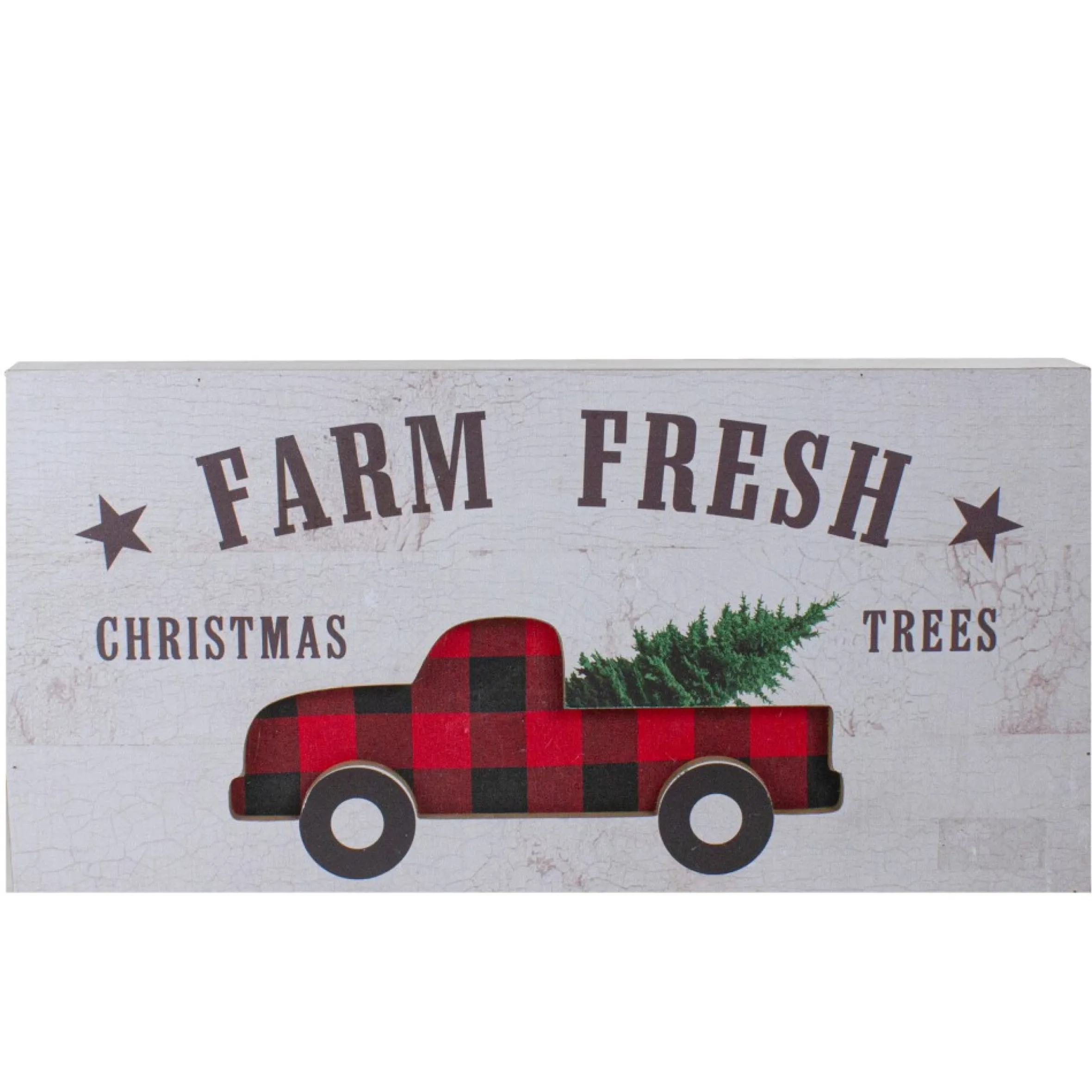 16" Farm Fresh Black And Red Buffalo Plaid Farm Truck Wooden Christmas Sign