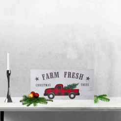 16" Farm Fresh Black And Red Buffalo Plaid Farm Truck Wooden Christmas Sign
