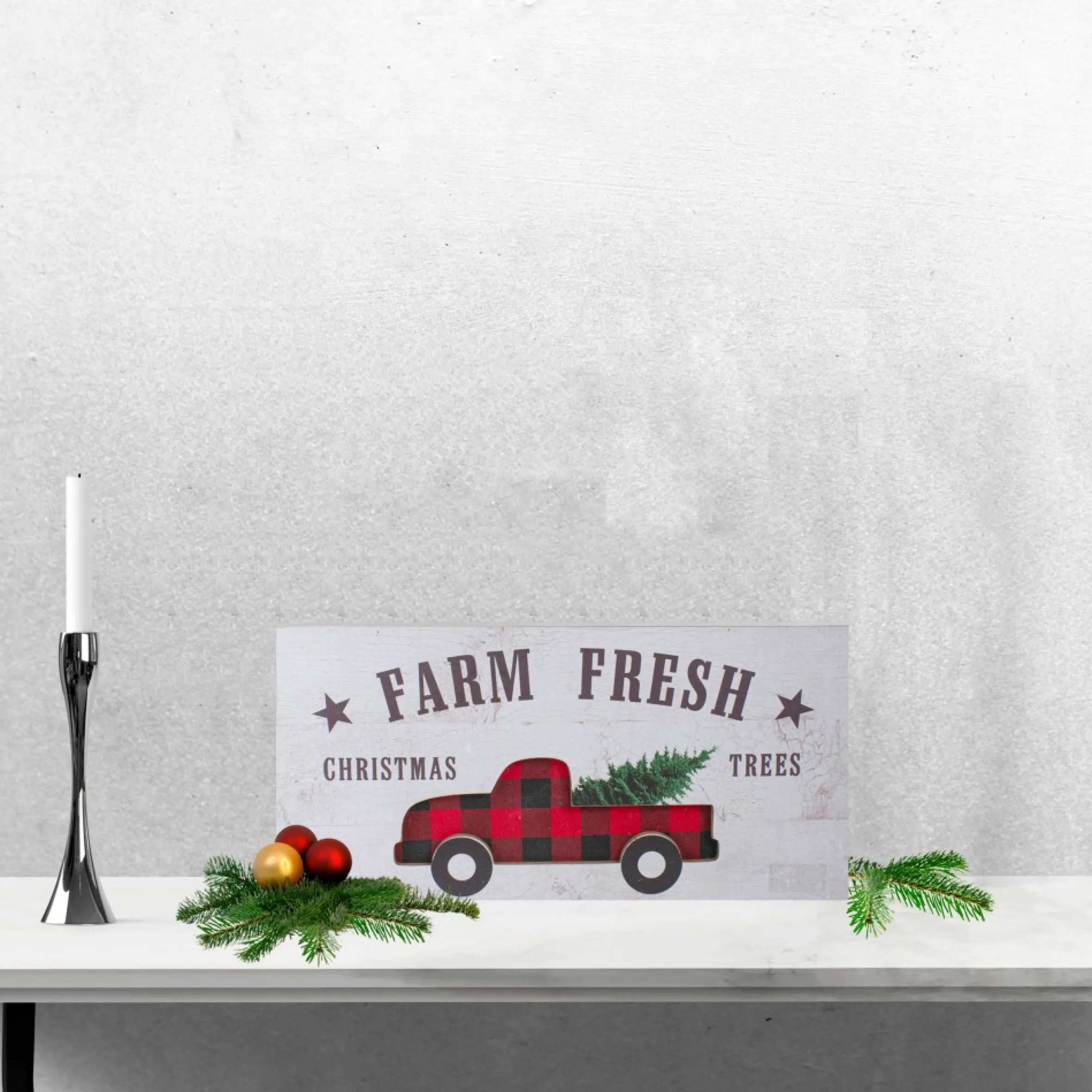 16" Farm Fresh Black And Red Buffalo Plaid Farm Truck Wooden Christmas Sign