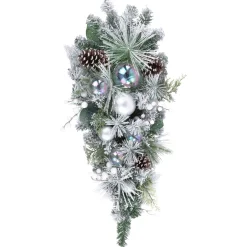 30" Flocked Pine Artificial Christmas Teardrop Swag With Iridescent Ornaments - Unlit