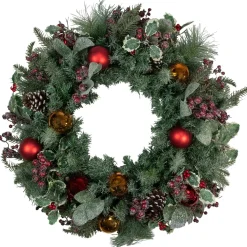Frosted Long Needle Pine And Ornaments Artificial Christmas Wreath, 32-Inch