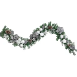 6' Frosted Pine Artificial Christmas Garland With Striped Bows And Ornaments