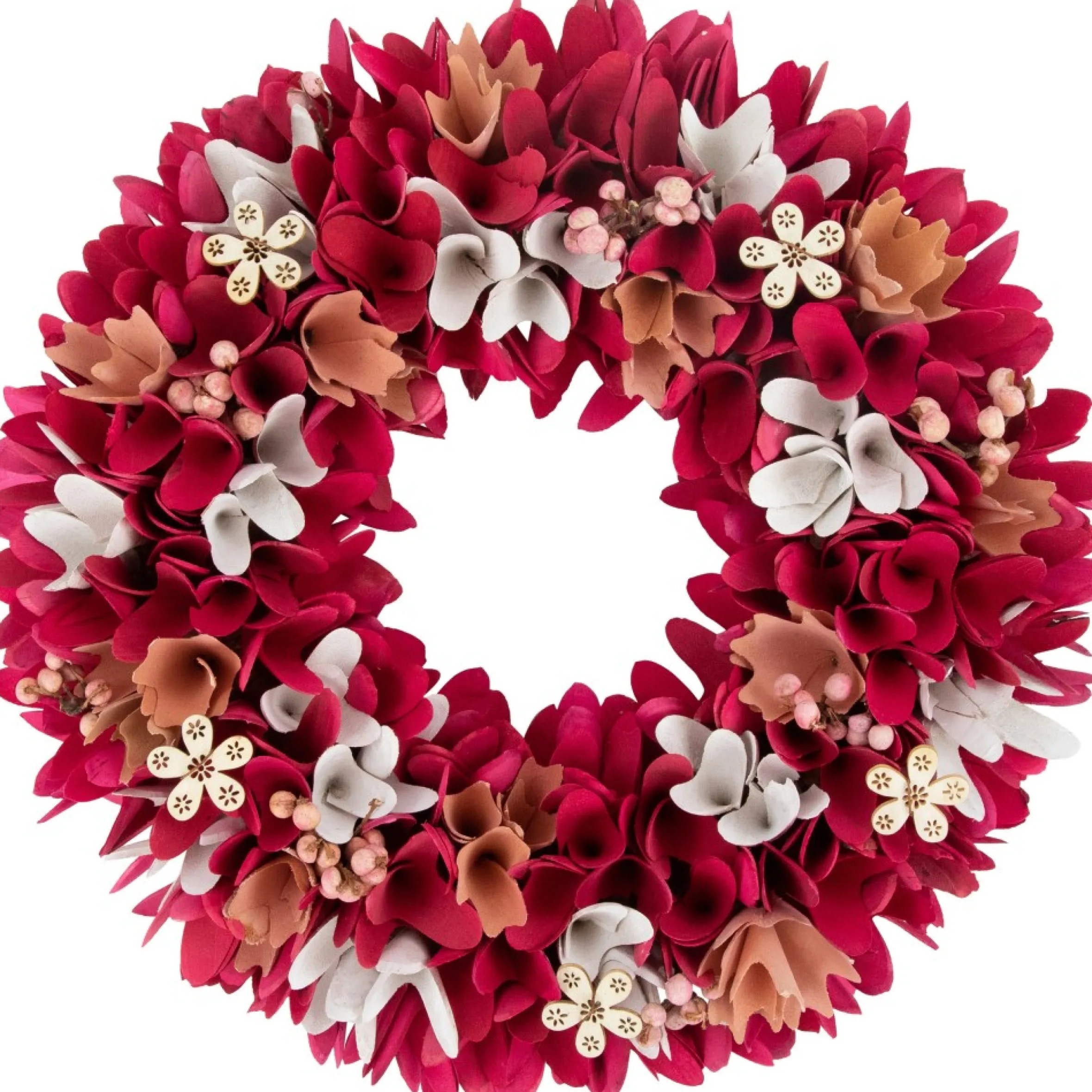 13" Fuchsia Pink And White Wooden Floral Spring Wreath With Berries