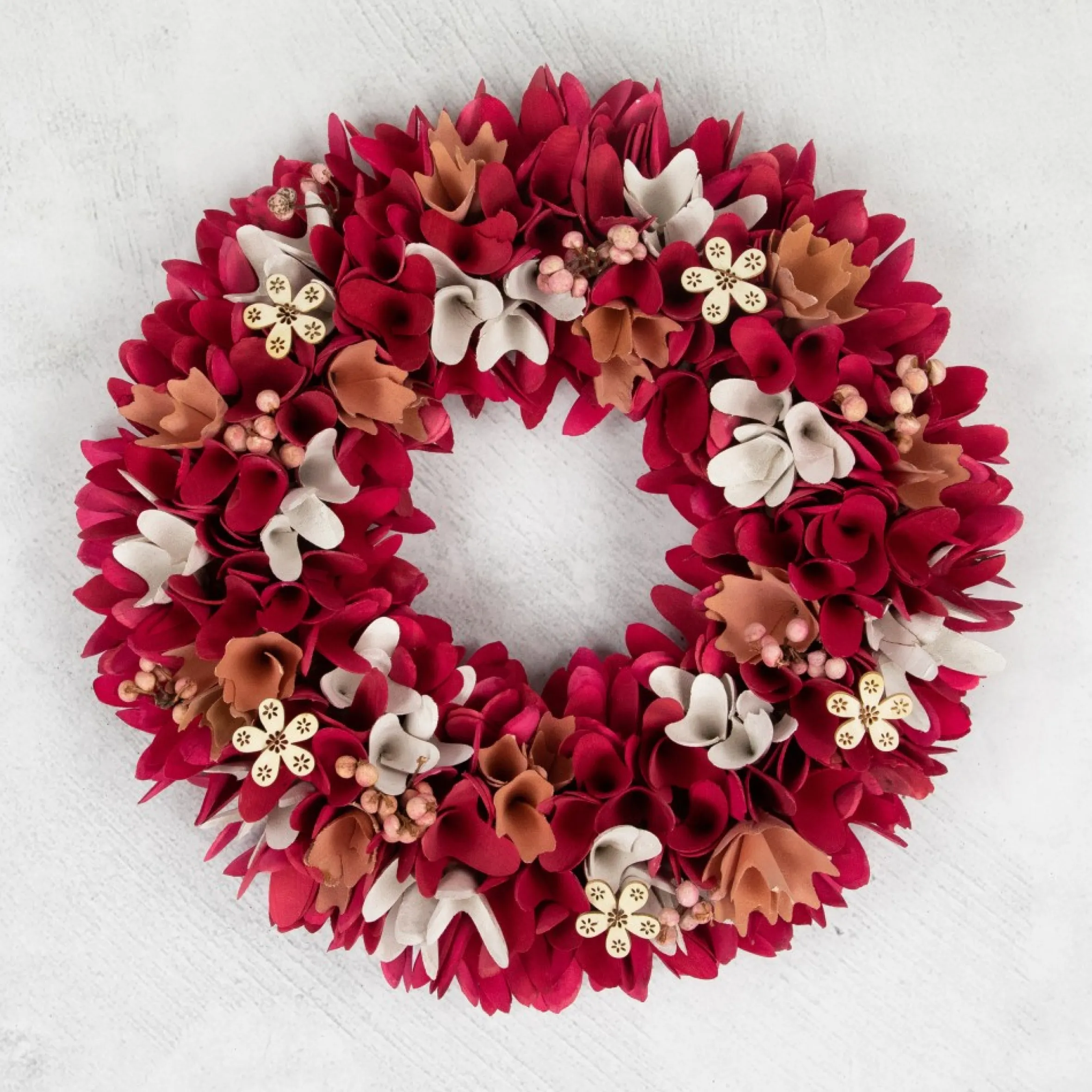 13" Fuchsia Pink And White Wooden Floral Spring Wreath With Berries