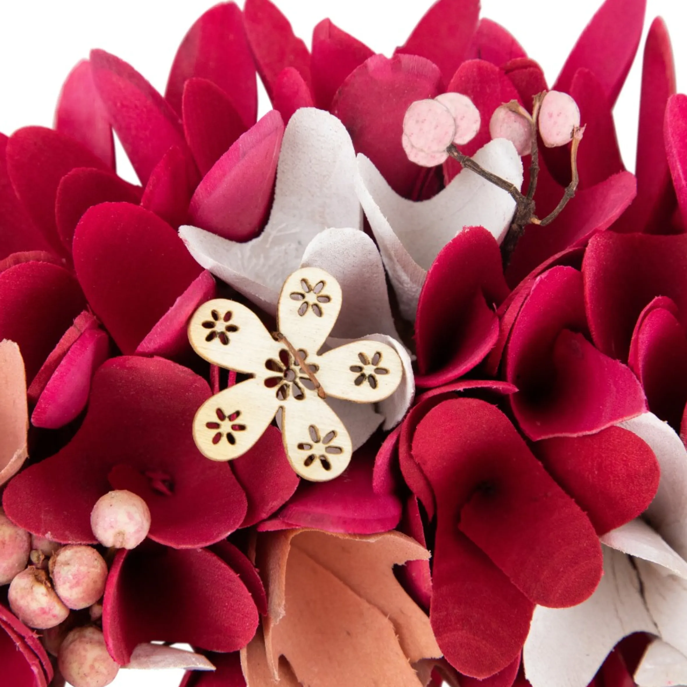 13" Fuchsia Pink And White Wooden Floral Spring Wreath With Berries