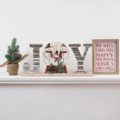 15" Galvanized Metal And Wooden 'Joy' Snowman Family Christmas Sign