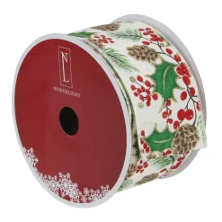 Glitter White And Green Holly Berries Christmas Wired Craft Ribbon 2.5