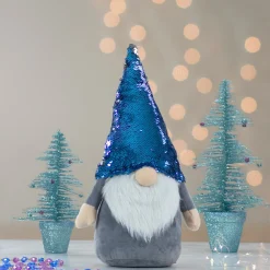 17" Gnome With Blue And Silver Flip Sequin Hat Christmas Decoration