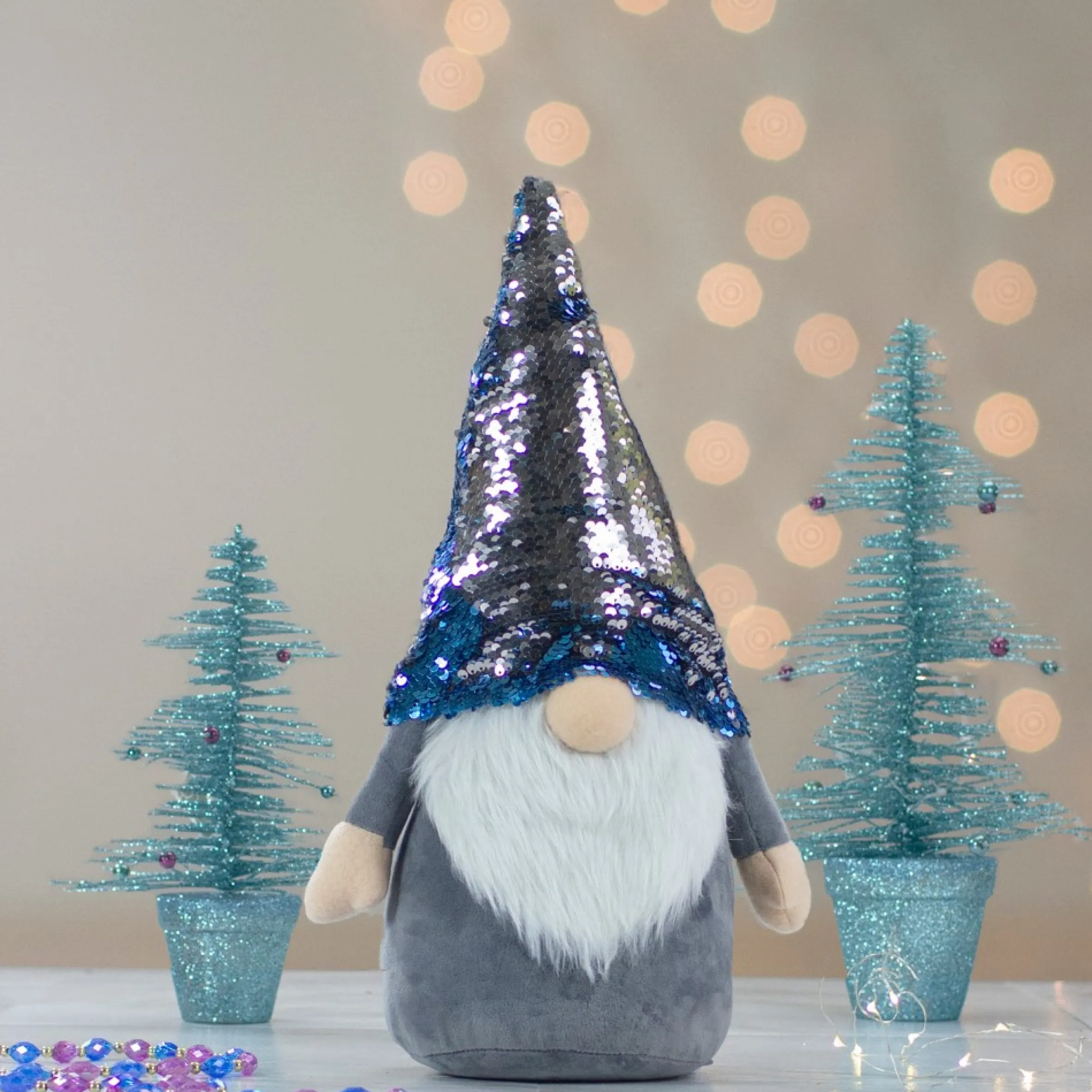 17" Gnome With Blue And Silver Flip Sequin Hat Christmas Decoration