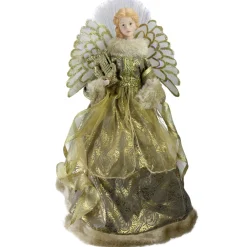 16" Gold And Brown Lighted Angel In Gown With Harp Christmas Tree Topper
