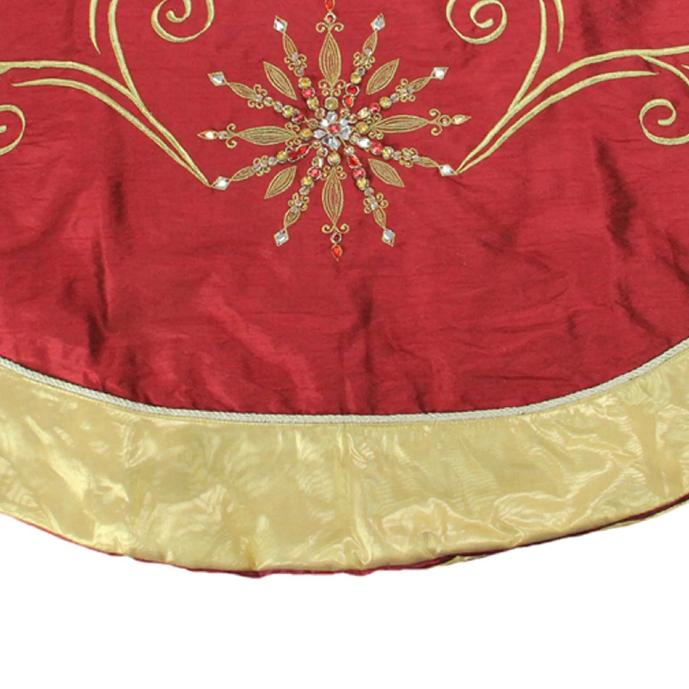 54" Gold And Burgundy Gem Embroidered Snowflake Swirls Silk Christmas Tree Skirt