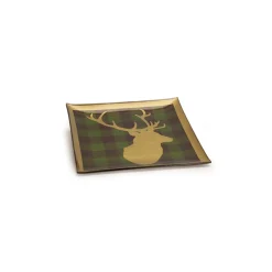 11.5" Gold And Green Deer Head Plaid Square Plate
