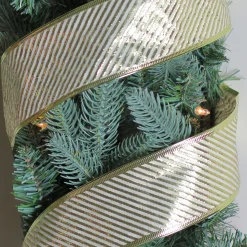 Gold And White Diagonal Stripe Wired Christmas Craft Ribbon 2.5" X 10 Yards