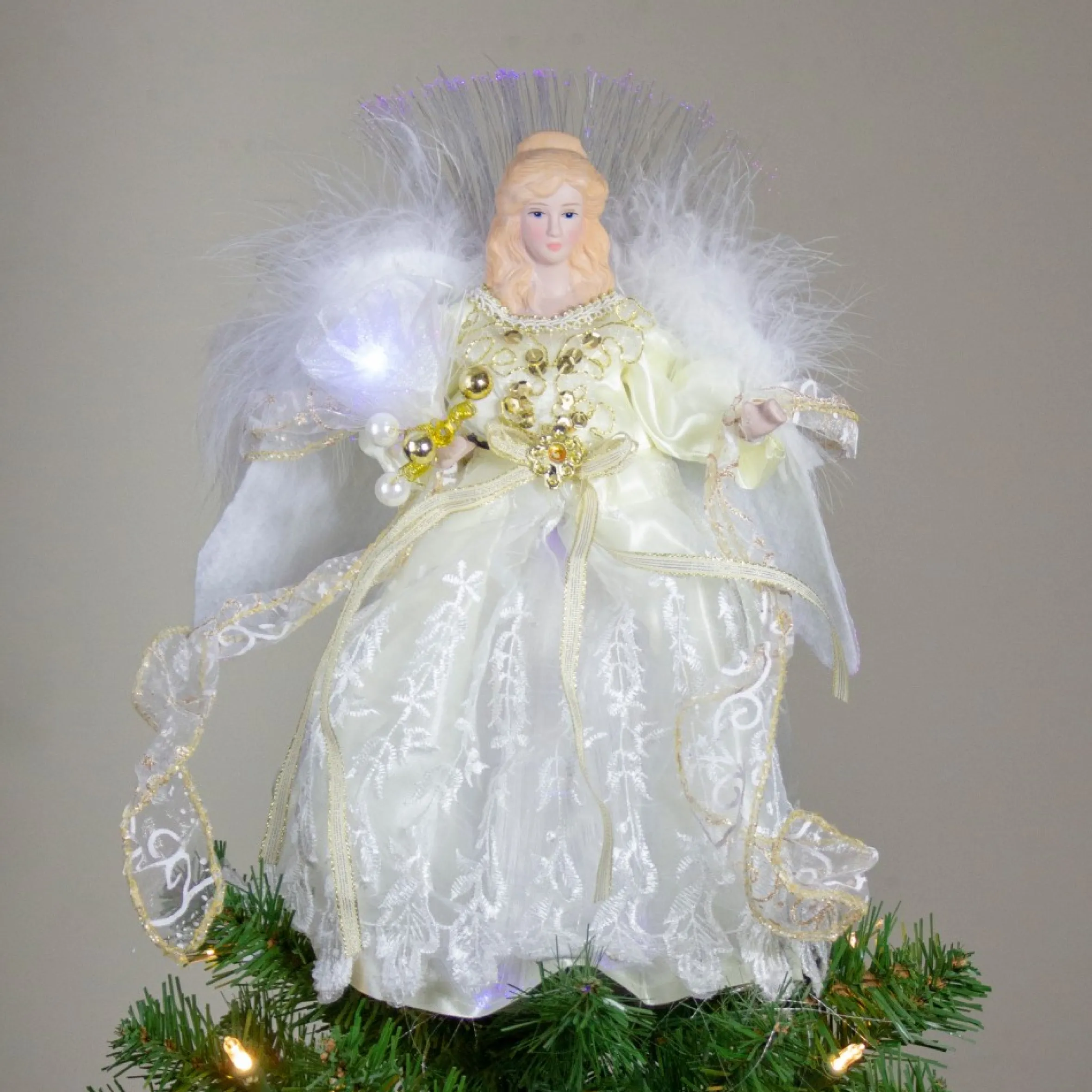 12" Gold And White Led Lighted Fiber Optic Angel Christmas Tree Topper